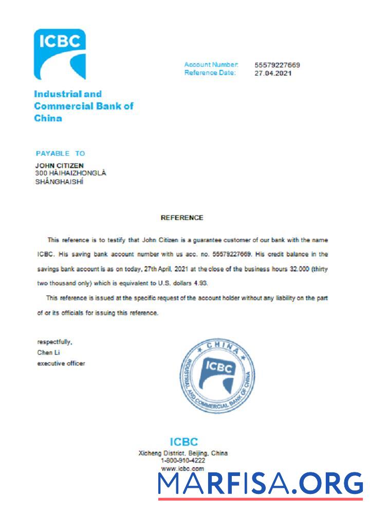 Realistic China Industrial and Commercial Bank reference sample